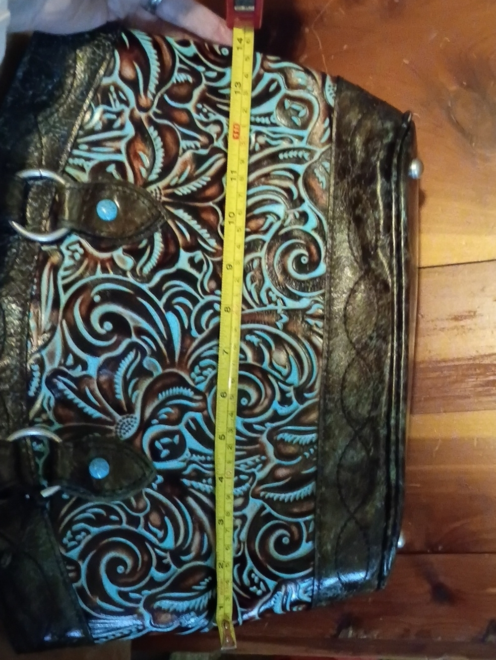 EUC Patricia Nash Turquoise & Brown Tooled Bag with Tassel & Matching wallet - Picture 4 of 12